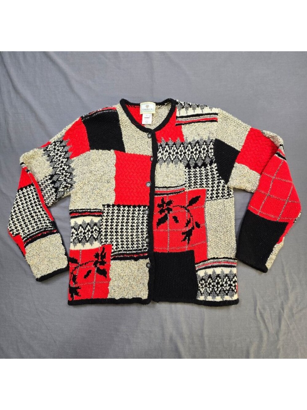 Susan Bristol Small Patchwork Knit Cardigan Red Black Bold Sweater